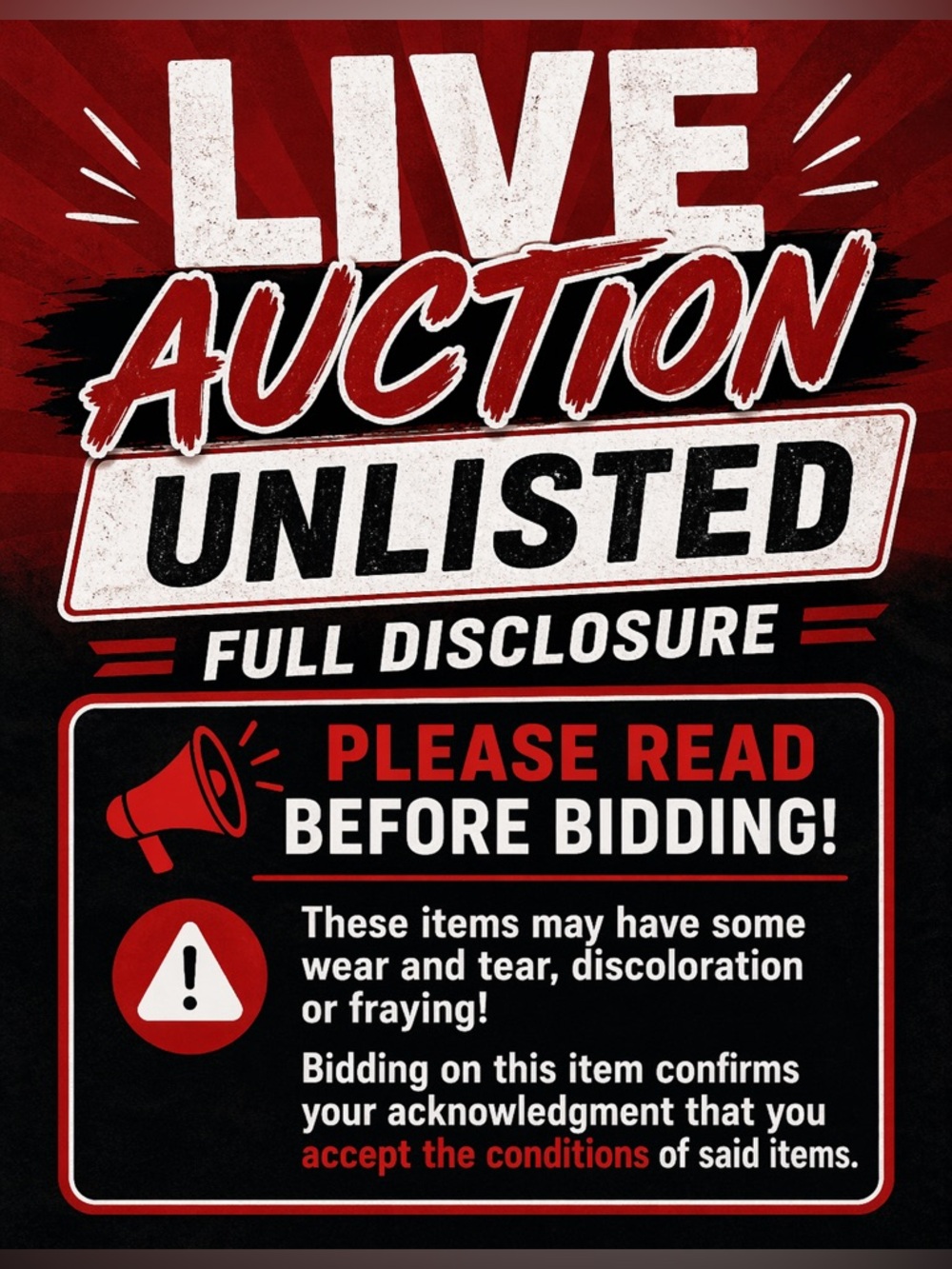 Live Auction 'Unlisted' Graphic Poster - Red, Black, White flyer
